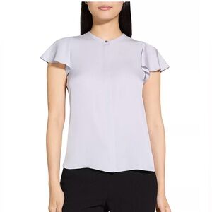 Theory Ruffle Short Flutter Sleeve Top Silk Georgette Small Gray Silver